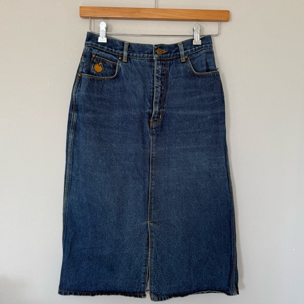 Denim Jeans Midi Skirt with Embroidered Detail women size S